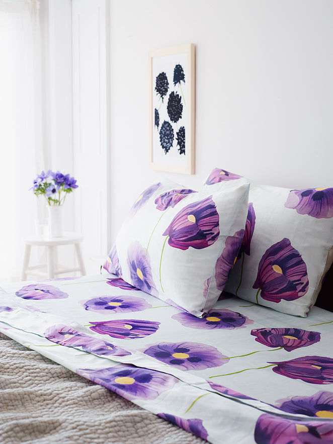 Full/Queen sheet set with purple poppy floral print and matching pillowcases