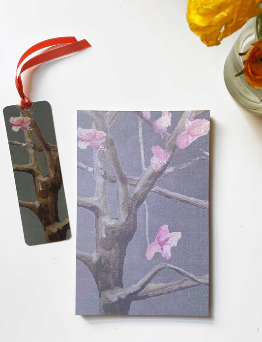 Floral notepad card with pink blossoms on lavender, paired with dark ribbon bookmark