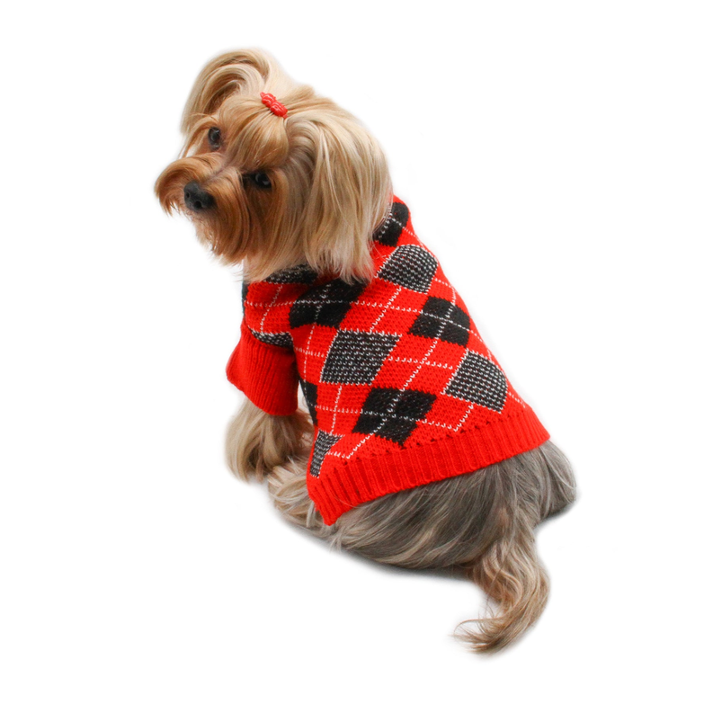 Red, black, and white argyle turtleneck dog sweater with ribbed cuffs and hem