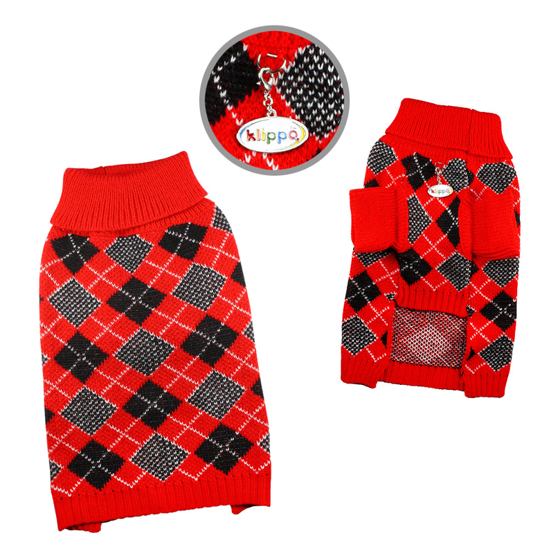 Red argyle turtleneck sweater with black and white diamond pattern, ribbed collar