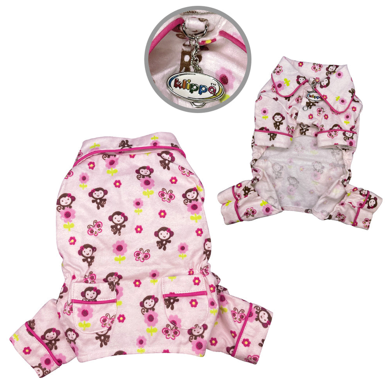 Pink flannel pajamas with two front pockets, monkey pattern top and pants set