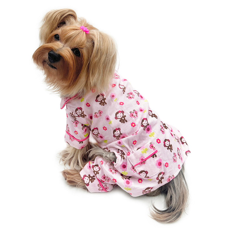 Pink flannel pajama set with long sleeves and cuffs, cartoon monkey print