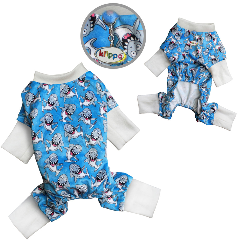 Blue shark-print minky pajama set with long sleeves and pants, white cuffs