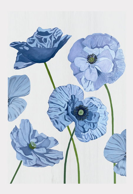 Art print featuring blue floral blossoms and leaves on a white background