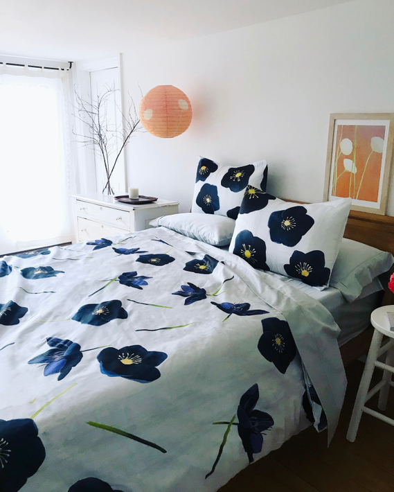 Black and blue floral duvet cover with matching pillow shams