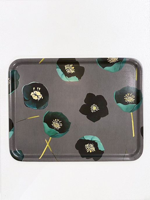 Charcoal rectangular serving tray with teal flower pattern and gold line details.