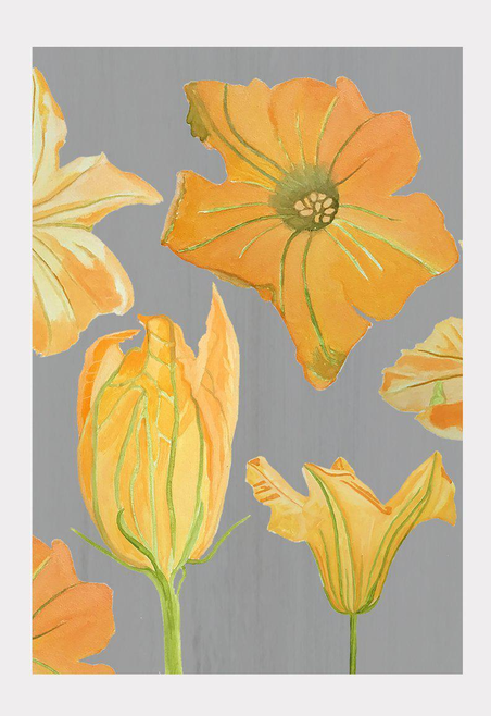 Orange and cream flower art print with tulip-like blooms on grey