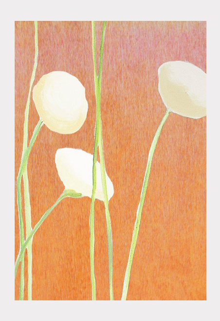 Art print with cream flowers on orange background, with green stems