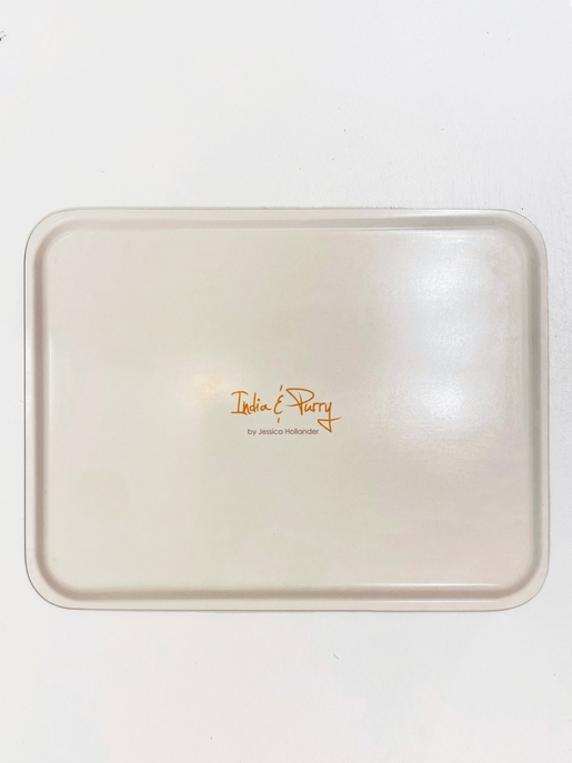Rectangular serving tray in pale gray with rounded corners and raised rim