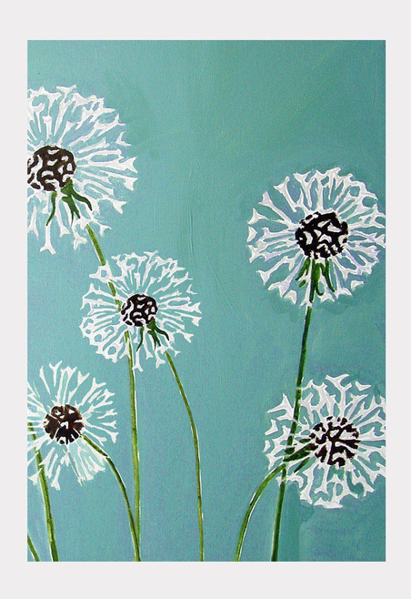 Aqua art print featuring white dandelion-style flowers with dark seed heads