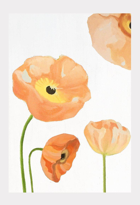 Watercolor art print of peach-orange poppies with green stems and dark centers