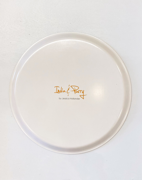 Round serving tray underside with 'India Party' logo and brand marking