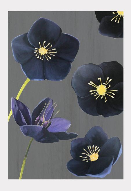 Floral art print featuring dark blue flowers and purple blossoms with yellow centers