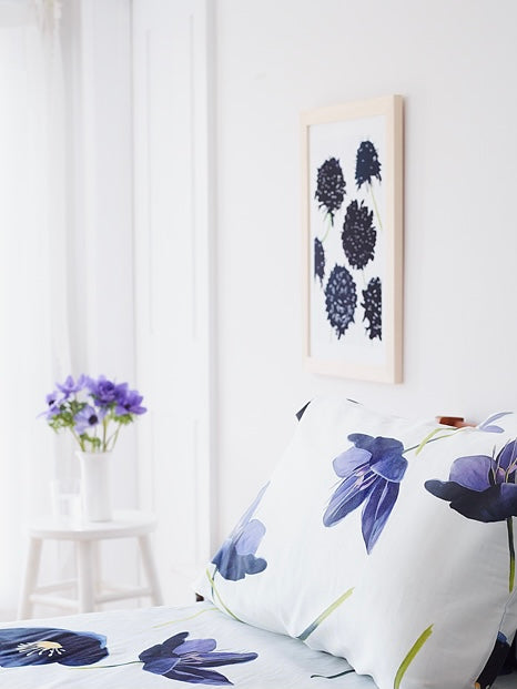 Framed black scabiosa art print with tall flower stems on light paper