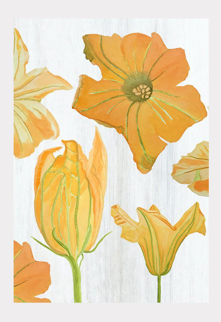 Art print with orange and yellow daffodil-style flowers on a white background