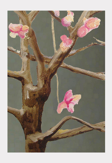 Art print close-up of tree branches with pink blossoms on dark grey background
