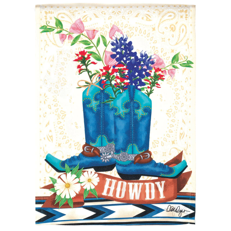 Cream flag-print Texas bonnet scarf with cowboy boots and Howdy text