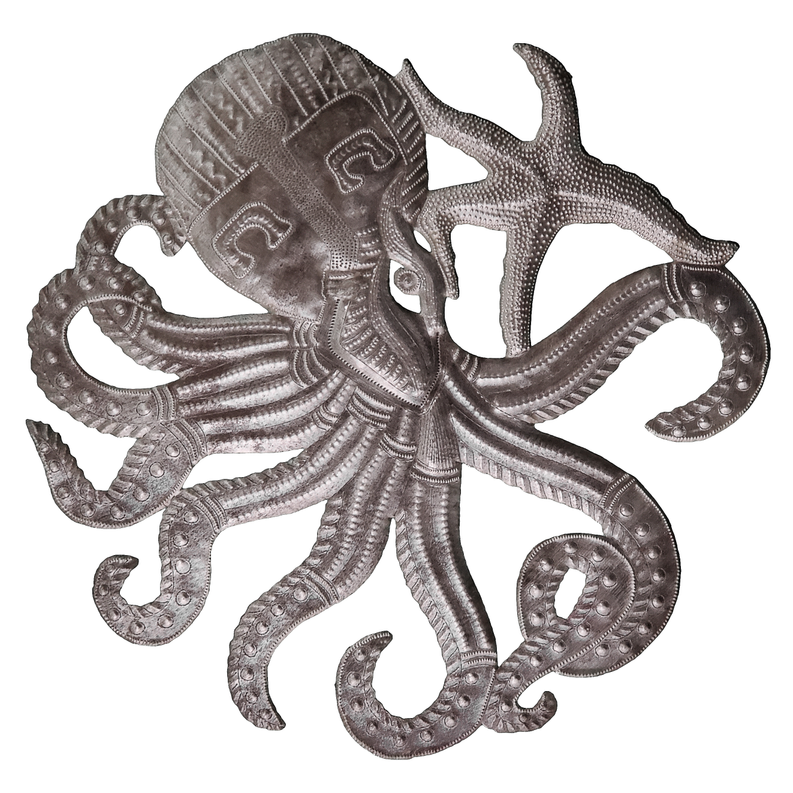 Small metal octopus ornament with textured steel finish and tentacles