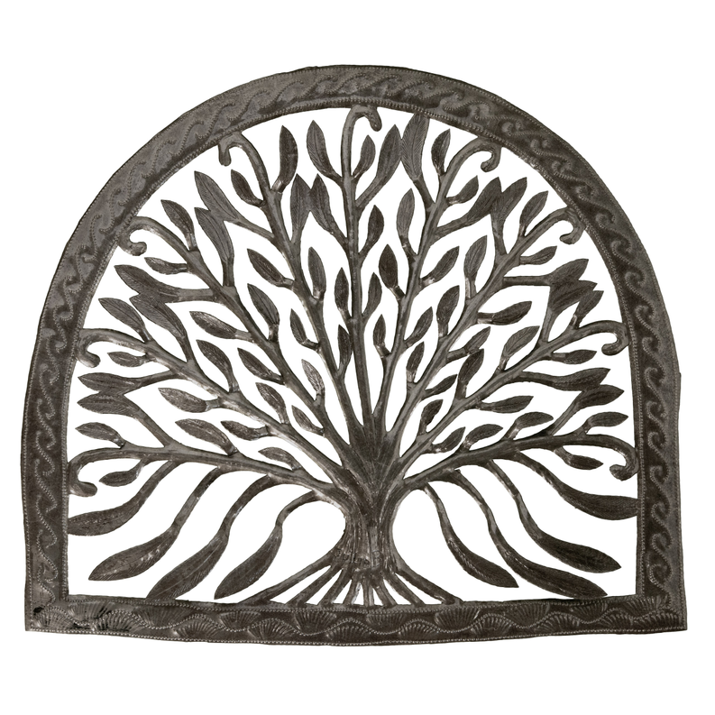 Decorative metal arch wall decor with tree silhouette, dark recycled steel finish