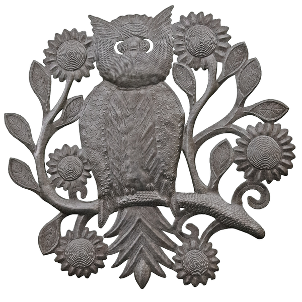 Metal owl wall decor in recycled steel, surrounded by flower medallions and leaf accents