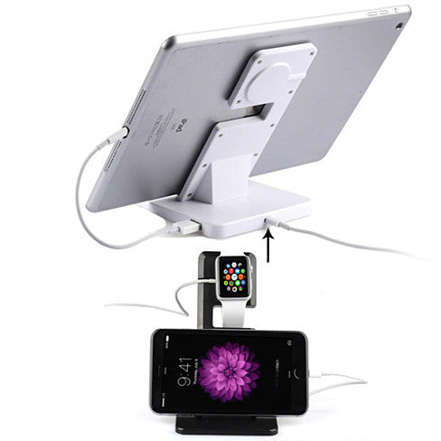 Dual charging stand holding iPad stand, phone dock, and Apple Watch