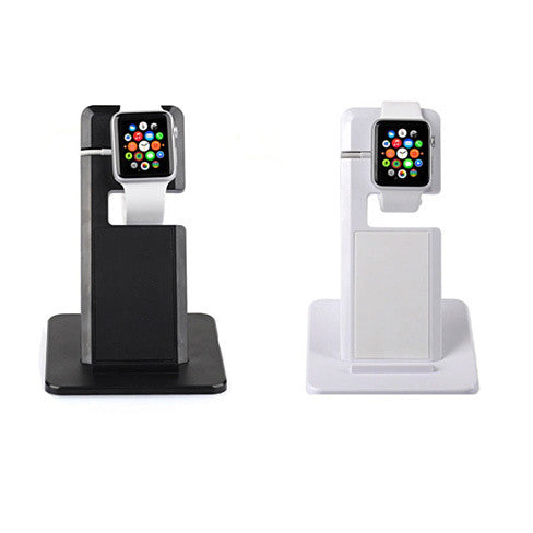Dual charging stand with Apple Watch and phone holders, black and white bases