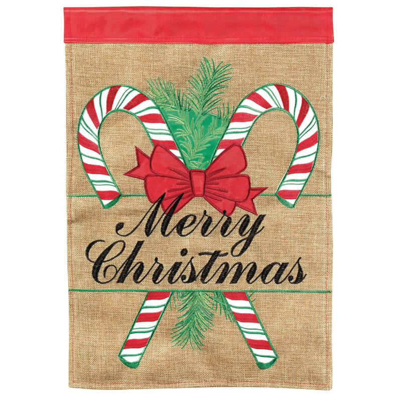 Burlap garden flag with candy cane bows and Merry Christmas text