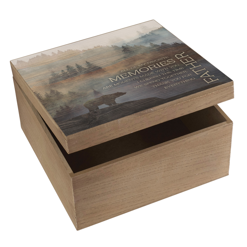 Wooden keepsake box with open lid, forest 'MEMORIES' and 'FATHER' text panel