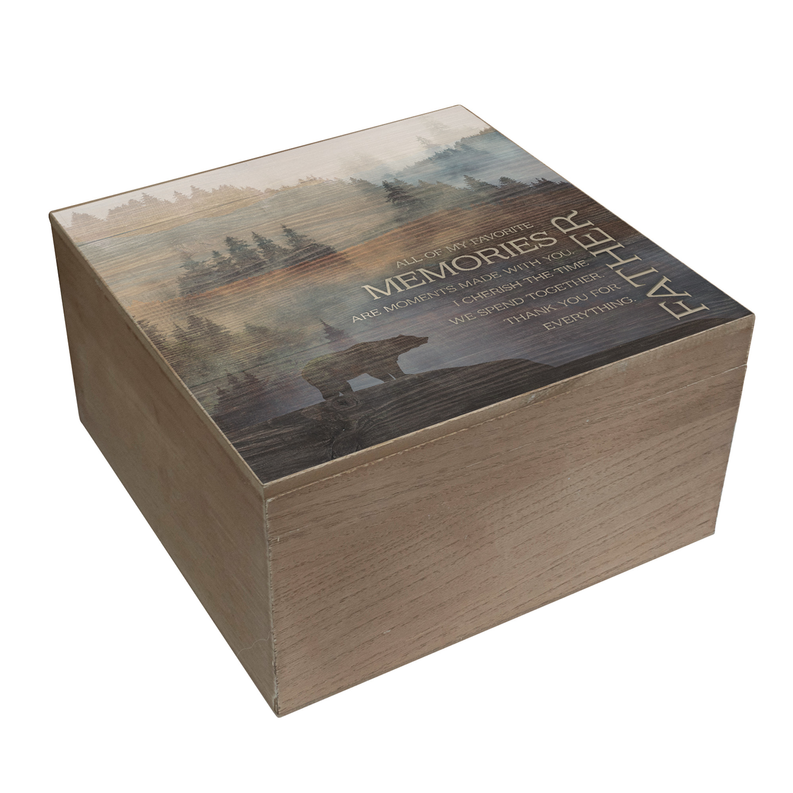 Wood keepsake box with forest lid print, 'MEMORIES' and 'FATHER' lettering