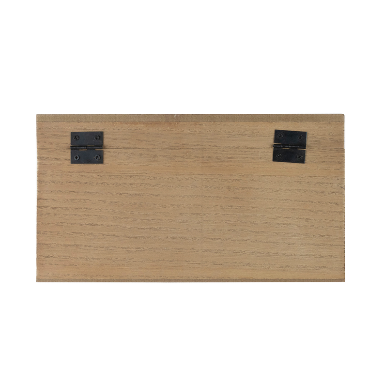 Wooden keepsake box back with two black metal latch plates