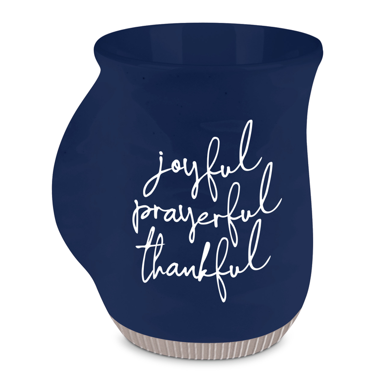 Navy handwarmer mug with 'joyful, prayerful, thankful' script lettering