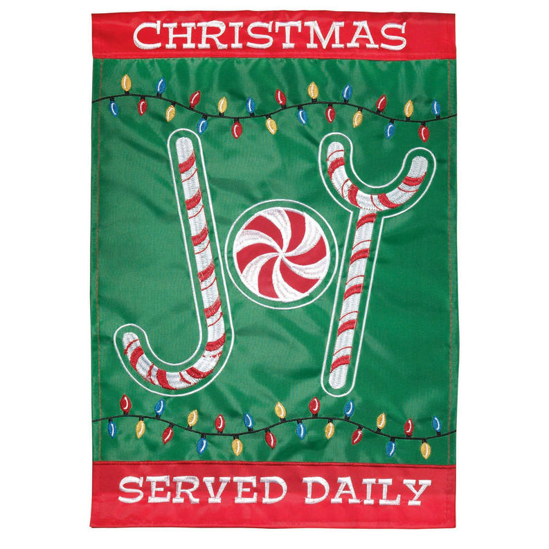 Christmas decorative flag with candy cane graphics and text "CHRISTMAS" and "SERVED DAILY"