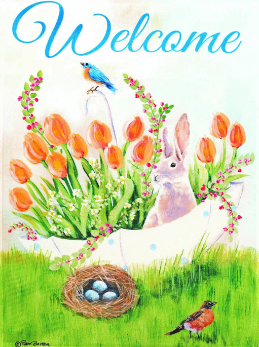 Flag Happy Welcome Bunny Tulips - 1 / 13x18 - Home Decor