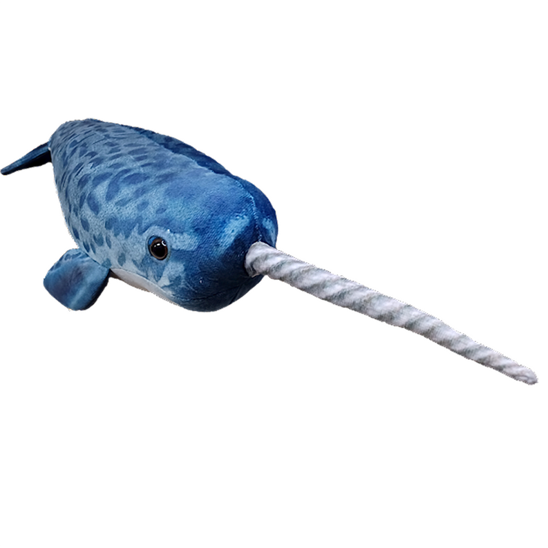 Blue plush narwhal stuffed ocean animal with long white tusk horn, 18.5 in