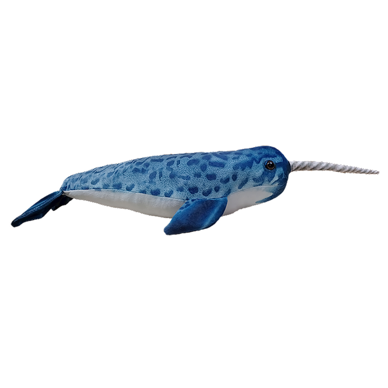 Blue plush narwhal stuffed ocean animal side view with speckled pattern and white tusk horn