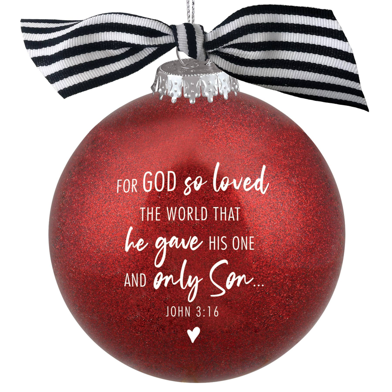 Red glitter bauble ornament with striped bow and “John 3:16” heart verse text