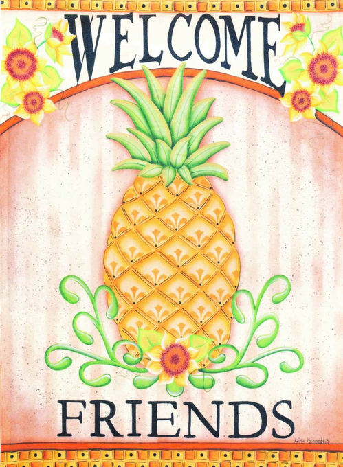Close-up welcome friends banner featuring pineapple center and floral accents