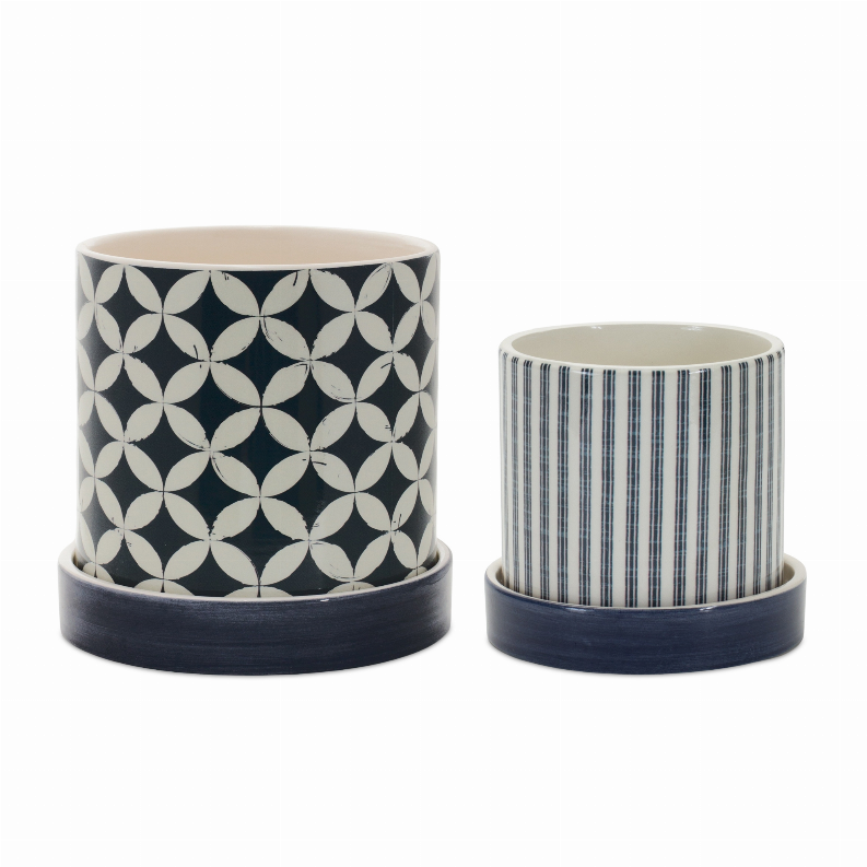 Set of 2 dolomite containers with navy geometric and striped patterns, dark base