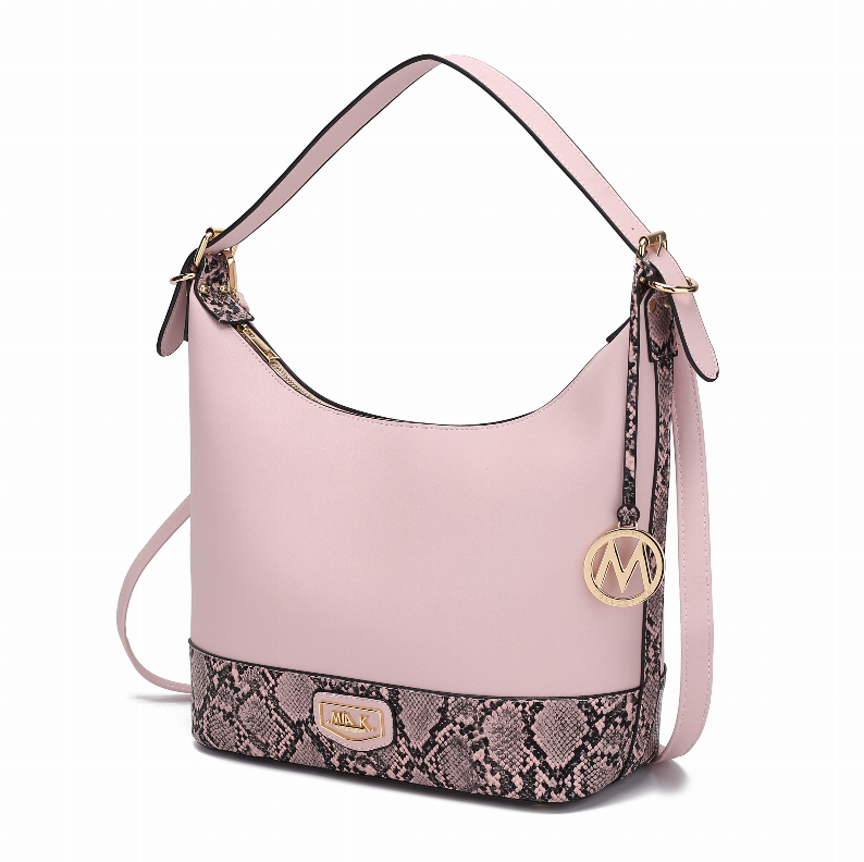 Pink shoulder bag with hobo shape, faux snakeskin trim and side logo charm