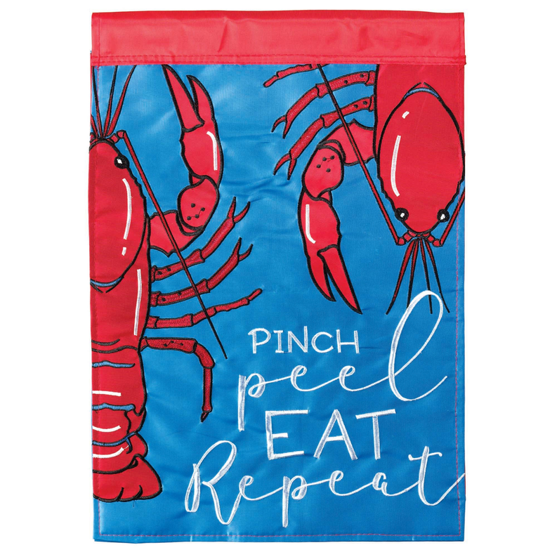 Printed red-and-blue lobster garden bag with 'PINCH PEEL EAT REPEAT' text
