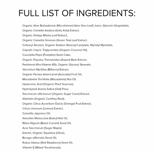 Moisturizer ingredients list panel with full ingredient text