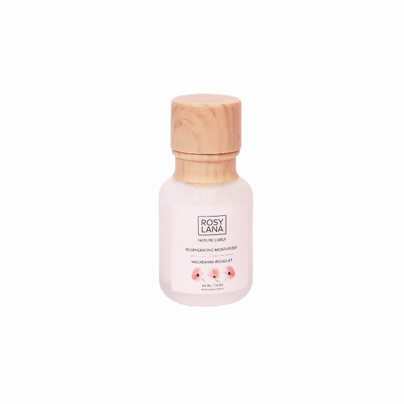 Regenerating face moisturizer bottle with wooden cap and pink label
