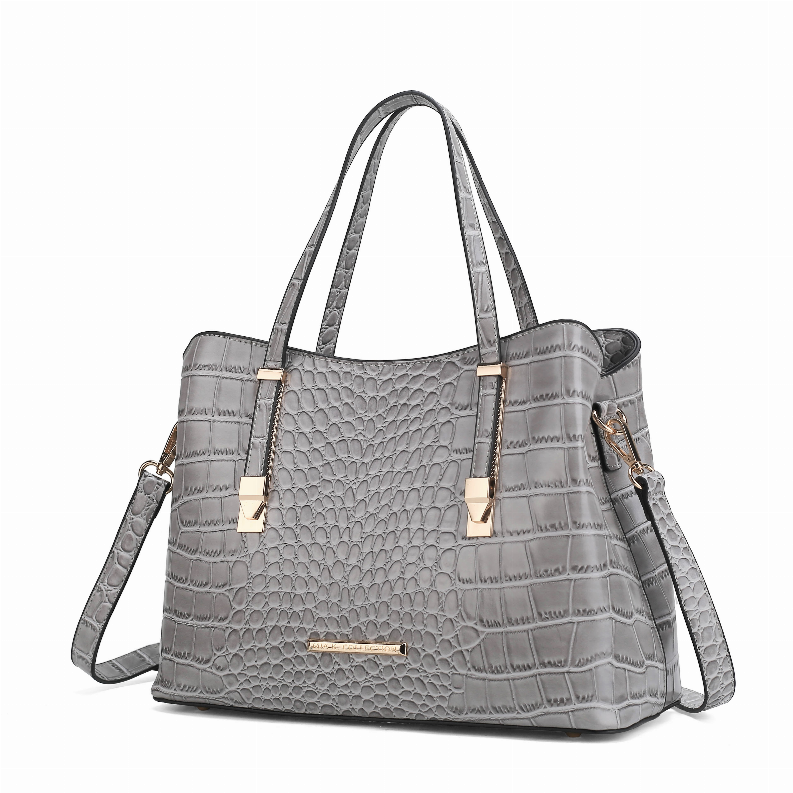 Crocodile-embossed vegan leather tote bag in gray with shoulder straps and gold hardware