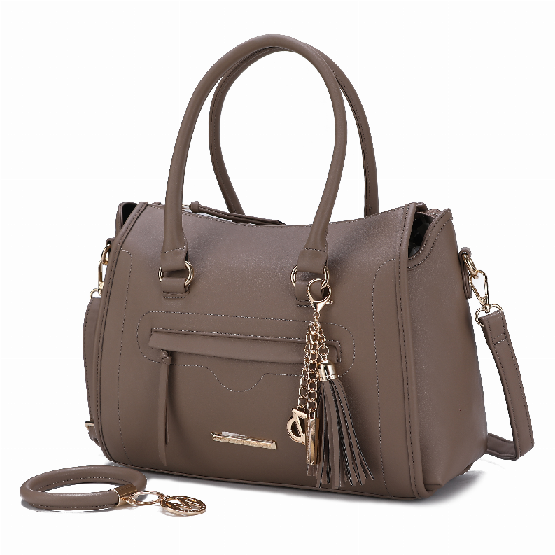 Taupe satchel bag with keyring charm and tassel, top handles and side crossbody strap
