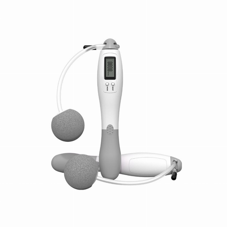 Electronic jump rope with LCD handle, clear rope, and gray foam grips
