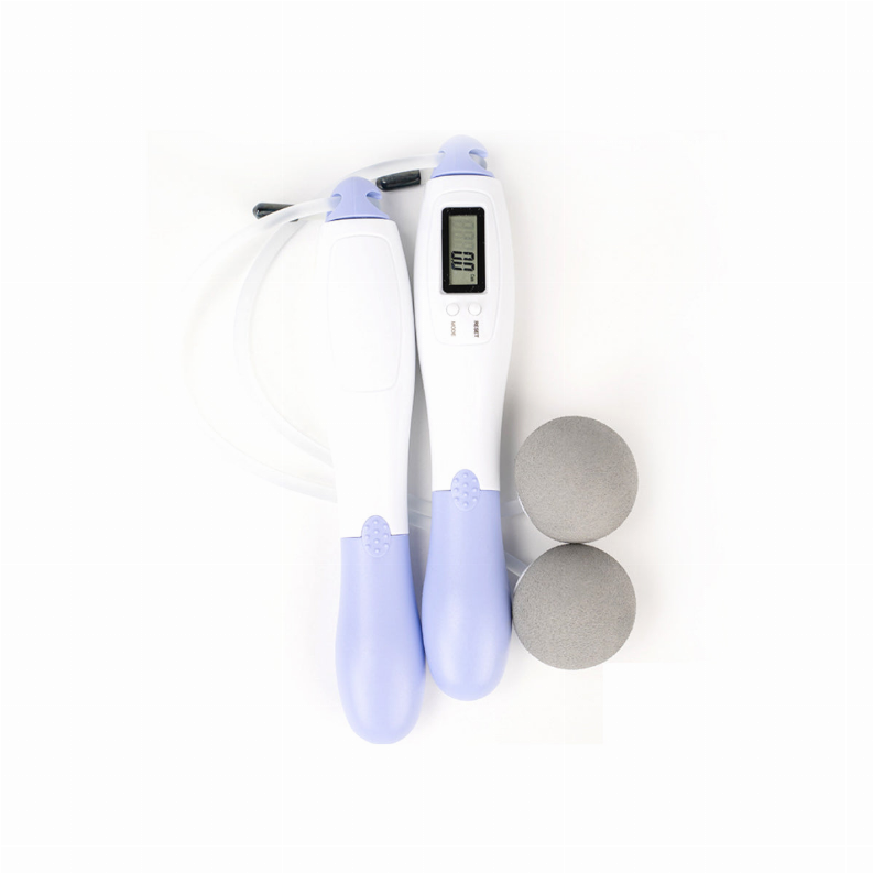 Electronic jump rope with looped white cable, LED handle, and two gray exercise pads