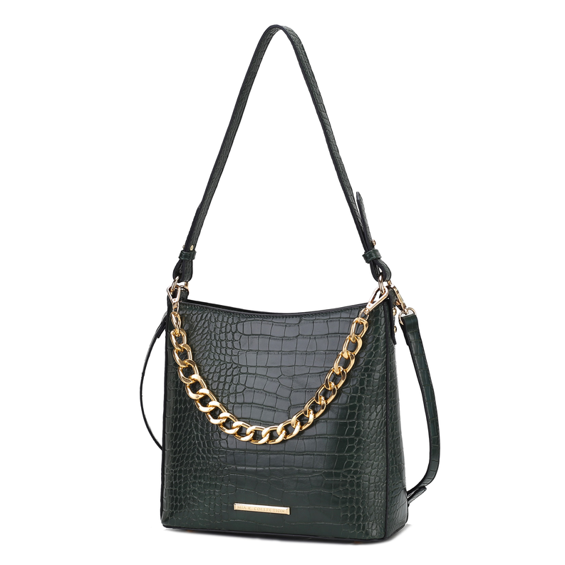 Olive croc-textured shoulder hobo bag with gold chain strap and top zip