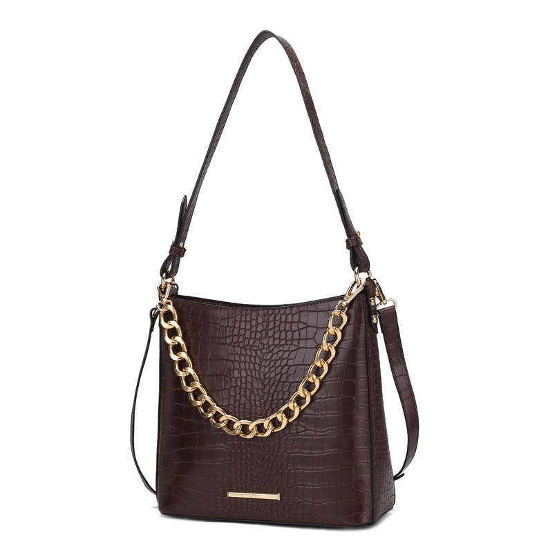 Chocolate croc-embossed hobo shoulder bag with gold chain strap and top handle