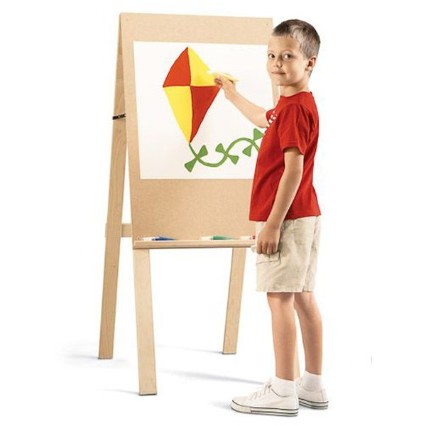 Easel sheets art paper on a wooden standing easel with colorful drawing