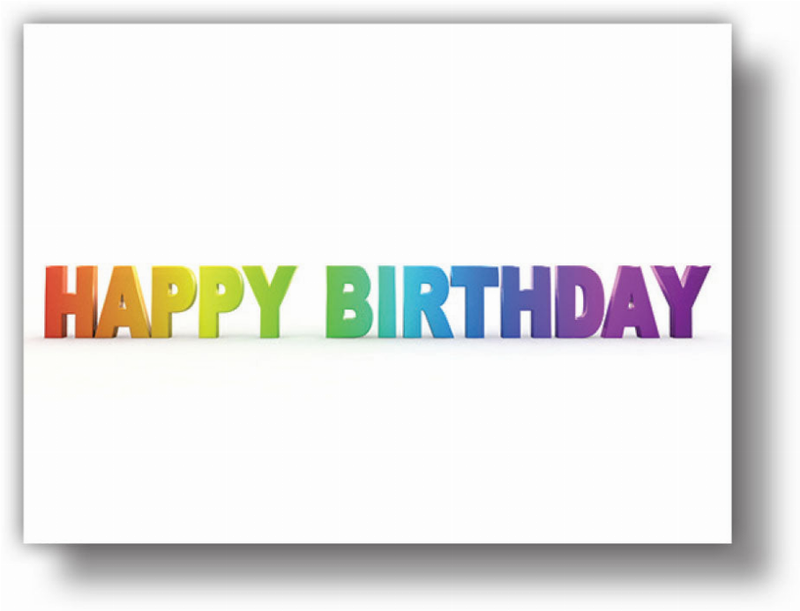White motion postcard with large multicolor 'Happy Birthday' message in bold letters